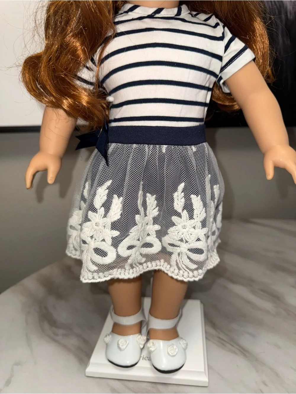 18” dolls white navy blue striped dress lace embroidered skirt Mary Jane’s